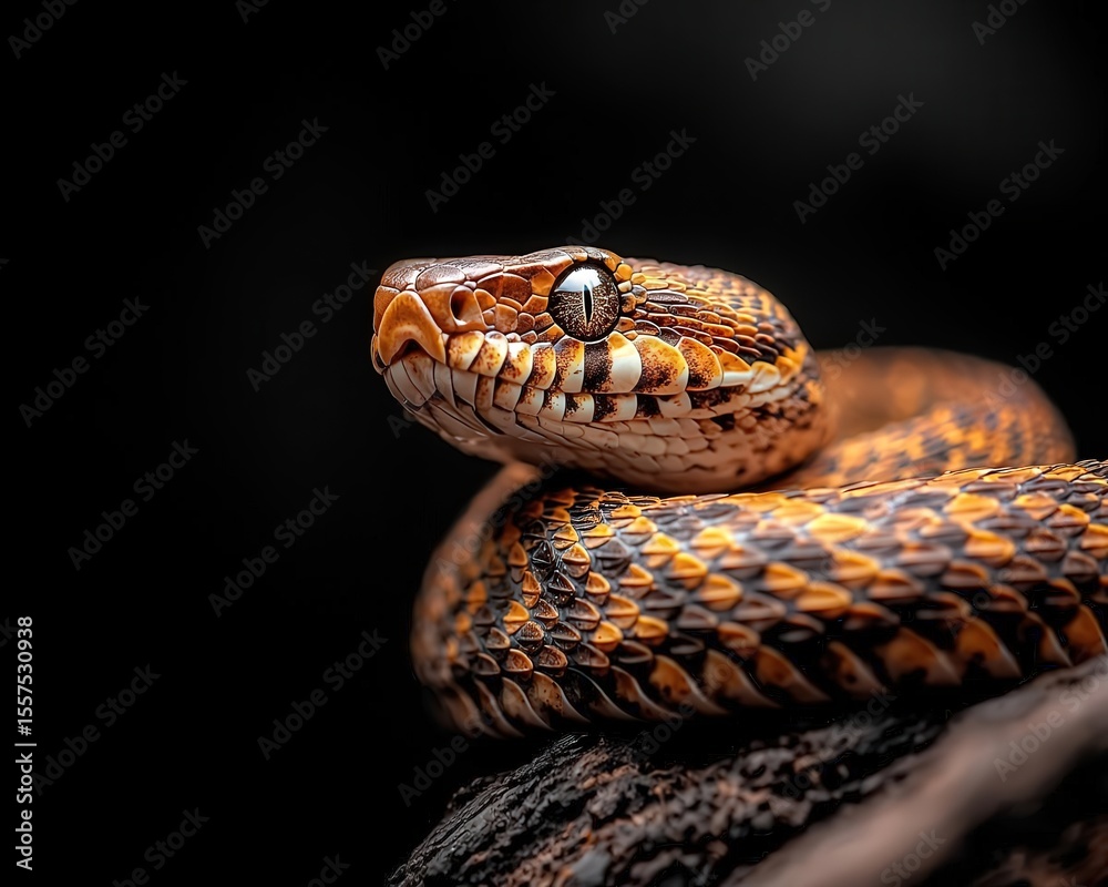 Fototapeta premium Zoo trip family vacation Zoo Trip Concept, Closeup of a snake coiled around a branch in a dim reptile house, detailed scales, zoo focus