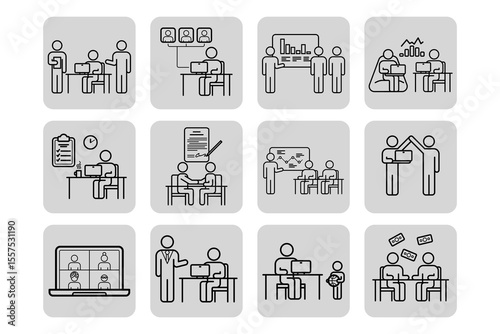 Collection of various line icons representing business activities, including meetings, data analysis, teamwork, and interactive communications