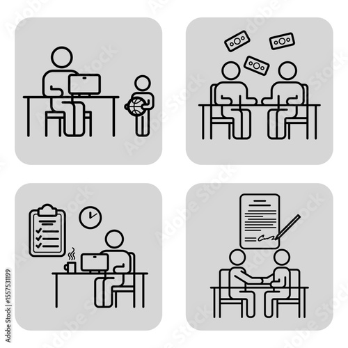 Series of icons depicting various business activities including meetings, task planning, and document signing. Workplace interactions and tasks concept