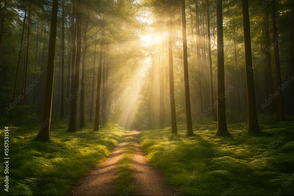 Fototapeta premium Magical Sunbeams Through a Forest Path 