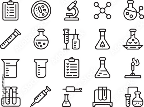 Collection of Black and White Line Art Science Icons Chemistry, Biology, and Lab Equipment
