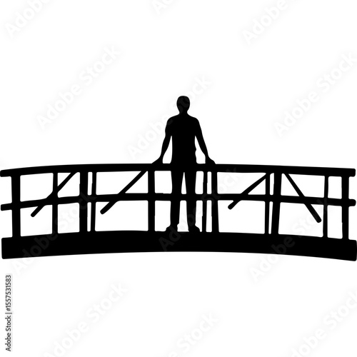 Person standing on a bridge holding railing in silhouette  