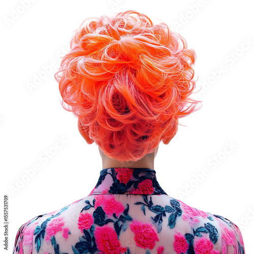 Vibrant Coral Hairstyle Back View of Woman with Short Curly Orange Hair and Floral Clothing white background against transparent Background