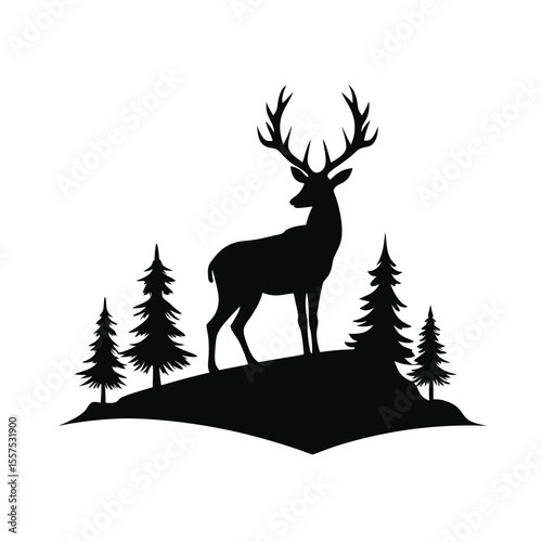 Deer Silhouette Standing on a Hill with Trees a Serene Wildlife Scene in a Minimalist Vector Design Illustration