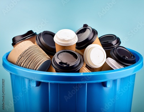 overflowing blue recycling bin with used coffee cups stock photo