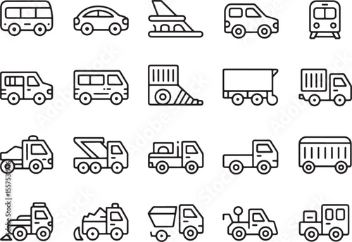 Collection of Black and White Line Art Vehicle Icons