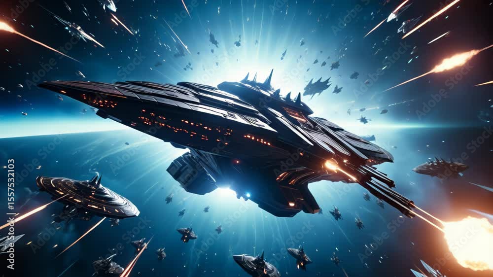 Futuristic black spaceship flying through starry space with glowing blue background and asteroids. Sci-fi galactic exploration concept