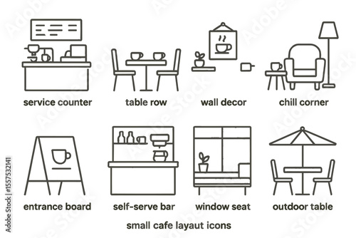 Minimalist cafe icons: service counter, table rows, and cozy corners