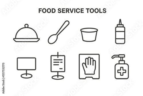 Essential food service tools icons: spoon, dish cover, bottle, sanitizer dispenser illustrations