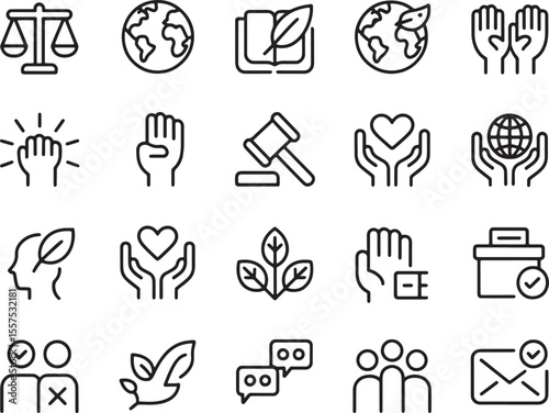 Black and White Line Art Icons Global Justice, Sustainability, and Ethics
