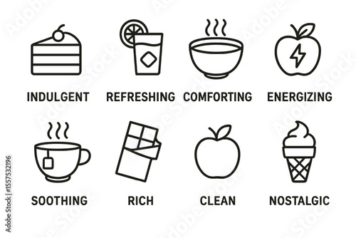 Minimalist icons illustrating indulgent foods and drinks with comforting and energizing themes