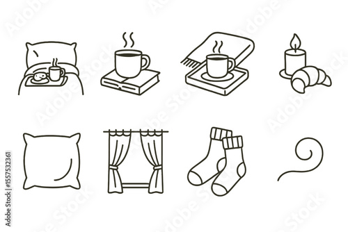 Cozy comfort items illustrations: pillows, hot drinks, blanket, candle, curtains, socks