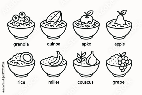Black and white icons of various grains and fruits in bowls