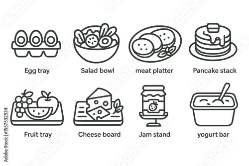 Line art illustrations of breakfast and food icons on metallic background
