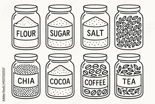 Line art of kitchen jars with labels for flour, sugar, salt, chia, cocoa, coffee, and tea