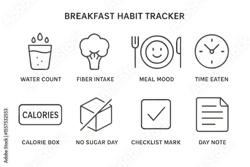 Breakfast habit tracker icons: water, fiber, mood, time, calories, sugar, checklist, and day note