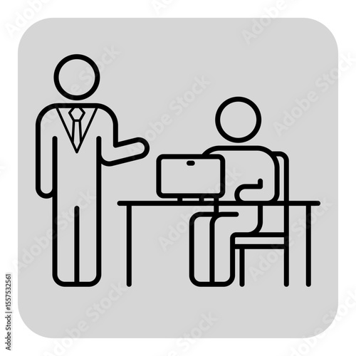 Two figures engaged in business meeting. One person standing and presenting while other sitting at desk, working on computer. Collaborative discussion concept