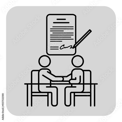 Two individuals sitting at table, shaking hands as they finalizing agreement. Document with written details and pen, symbolizing formal arrangement