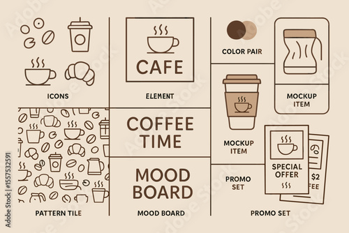 Coffee shop mood board with icons and mockup items for branding design