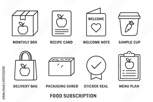 Food subscription service icons: box, recipe, welcome note, sample, delivery, packaging, seal, menu