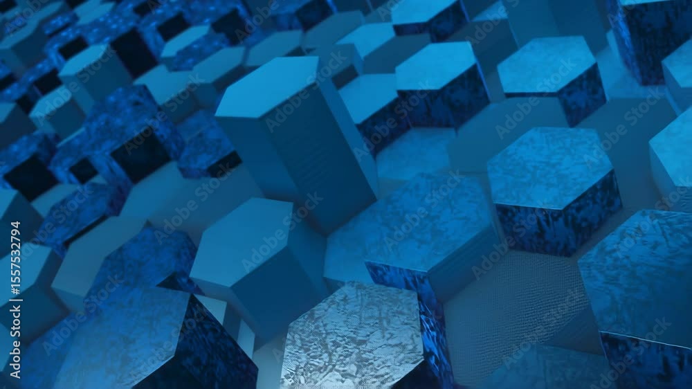 Dynamic animation of futuristic hexagonal metallic blocks shifting in blue lighting. Ideal for tech backgrounds, digital themes, or modern abstract design visuals.
 
