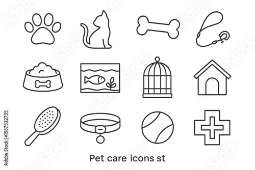 Pet care essentials: icons of toys, food, accessories, health, and safety