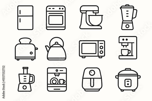 Collection of kitchen appliance icons: blender, toaster, mixer, oven, fridge