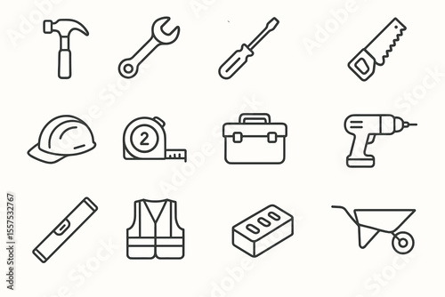 Tool icons set: hammer, wrench, screwdriver, saw, hard hat, tape measure, toolbox, drill