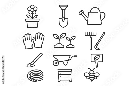 Gardening icons: tools, plants, and insects in minimalist design