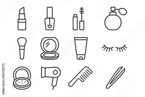 Outline icons of makeup tools and cosmetics on brown background