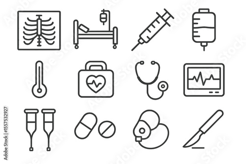 Medical equipment icons on metallic background: stethoscope, x-ray, syringe, thermometer
