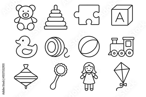 Outline icons of classic toys: bear, puzzle, kite, and more for kids