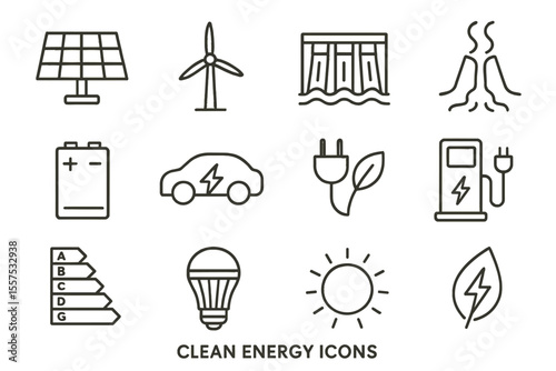Sustainable energy symbols: solar, wind, hydro, geothermal, electric car, battery, efficiency, eco-friendly icons