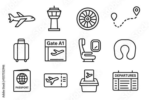 Air travel icons set featuring airplane, luggage, passport, and departure symbols