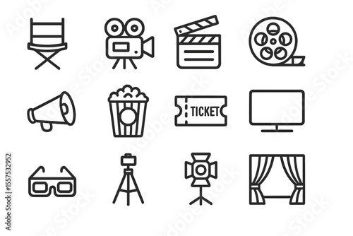 Icon set representing movie industry tools and equipment in black and gray