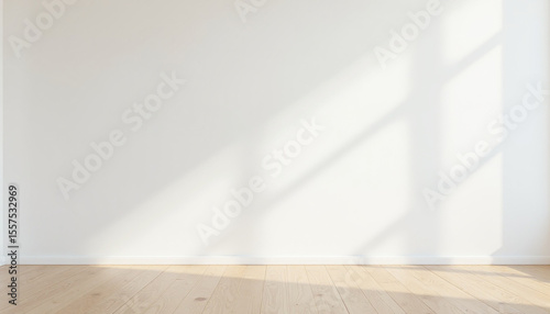 Fototapeta Naklejka Na Ścianę i Meble -  Bright interior space featuring light wooden planks and a white wall adorned with striking