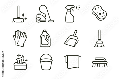 Icons of cleaning tools: broom, vacuum, spray bottle, sponge, gloves, detergent, dustpan, mop, cloth, bucket, brush