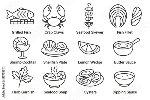 Seafood line art: fish, crab, skewer, shrimp, shellfish, lemon, butter, herb, and oysters