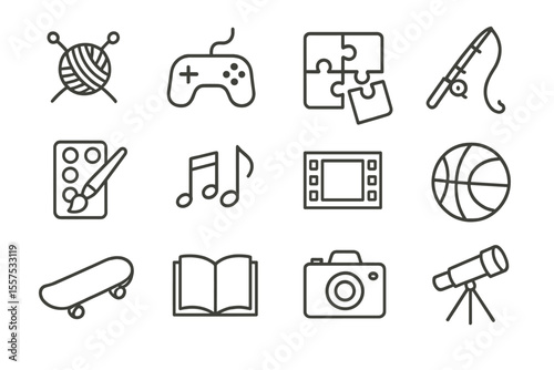 Icons representing hobbies and activities: knitting, gaming, puzzle, writing, painting, music, film, basketball, skateboarding, reading, photography, stargazing