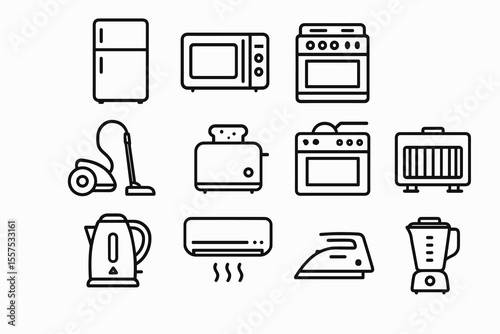 Outline icons of kitchen and home appliances including fridge microwave and oven