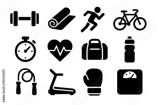 Fitness icons: dumbbell, yoga mat, runner, bicycle, stopwatch, heartbeat, backpack, bottle, jump rope, treadmill, boxing glove, scale