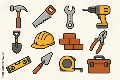 Colorful icon set of construction and repair tools on white background