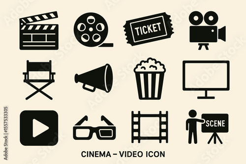 Cinema icons: movie camera, film reel, popcorn, and director's chair