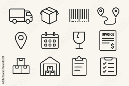 Logistics and shipping icons: truck, box, barcode, route, calendar, invoice, warehouse, checklist
