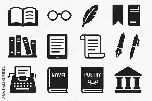Collection of book and writing icons: books, pens, typewriter, library, e-reader
