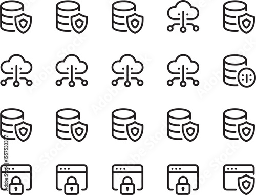 Set of 20 Black and White Line Art Icons Database, Cloud, Security