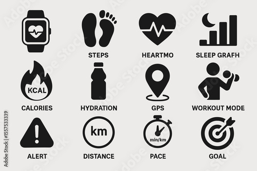 Fitness tracker icons: heart rate, steps, gps, hydration, calories, goals