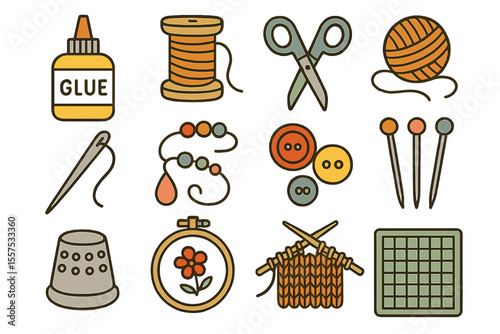 Craft tools and supplies illustration featuring sewing and knitting equipment