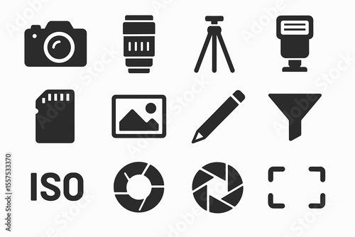 Photography icons set: camera, lens, tripod, flash, memory card, image, pencil, filter, iso, shutter, frame