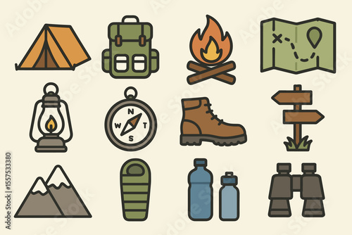 Camping equipment icons: tent, backpack, campfire, map, lantern, compass, boots, sign, mountains, sleeping bag, water bottles, binoculars